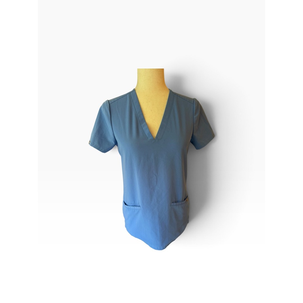 Figs Technical Collection Blue V-Neck Scrub Top Womens XS Short Sleeve 2 Pocket